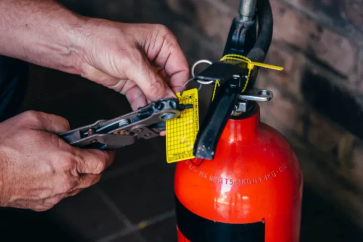 inspection tag on fire extinguisher being marked