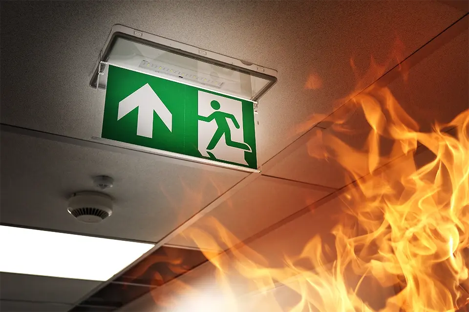 arrow exit sign over fire in hallway