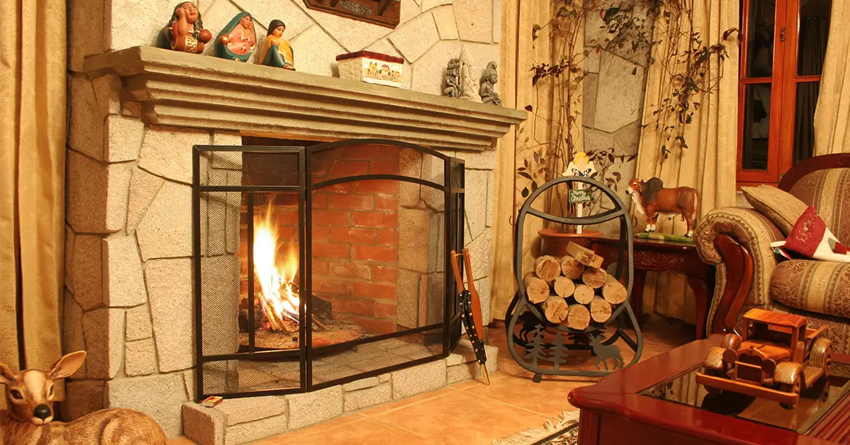 burning fireplace in a comfortable home