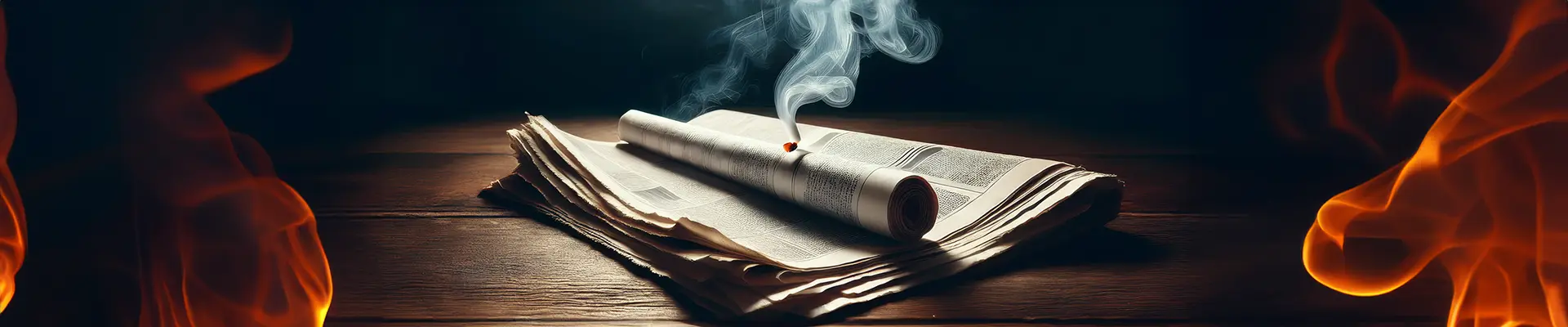 newspaper smoldering with fire in background