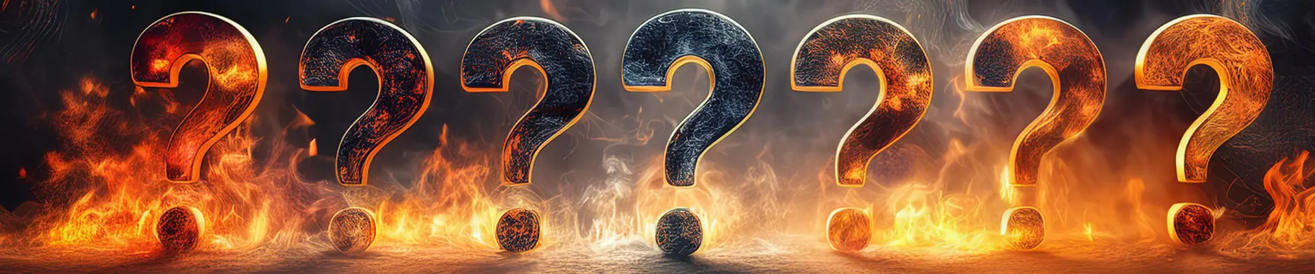 line of question marks with fire and smoke